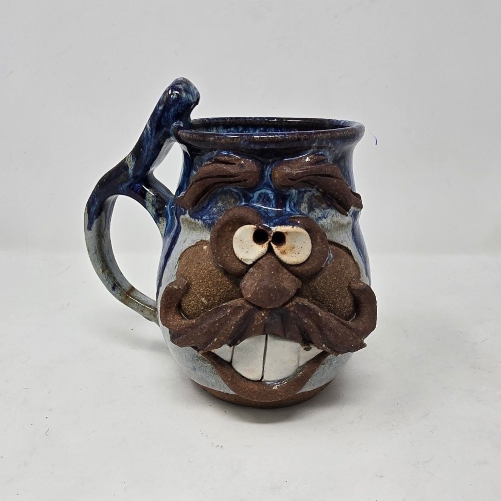 Vtg ugly funny 3D mug face stoneware toothed Mustache Dad handmade glaze pottery